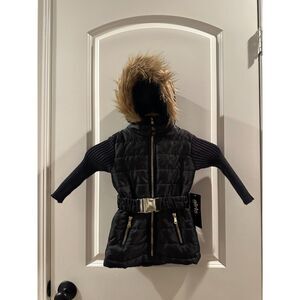 NWT Girls Black Ribbed Knit Puffer Jacket with Faux Fur Hood & Belt Size 24M